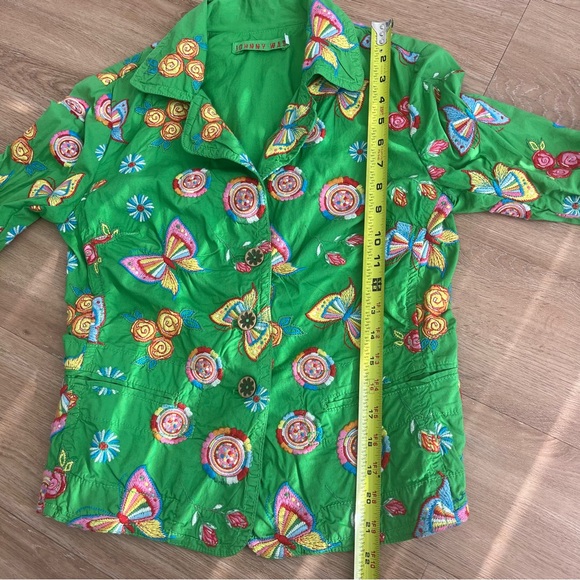 Johnny Was Green Butterfly Floral Embroidered Cropped Jacket Boho Size Small - Picture 9 of 9